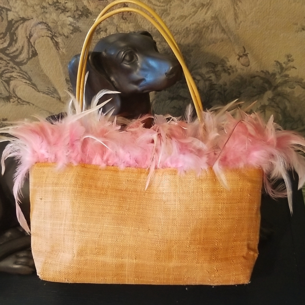 Pink Feather Vintage Couture Linen Summer Handbag